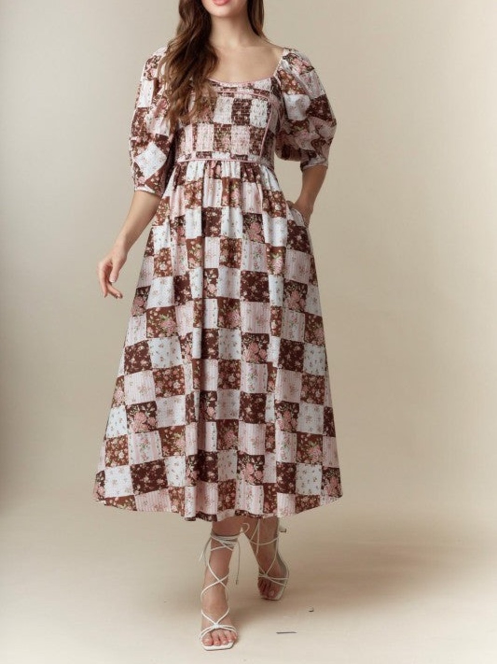 Patchwork Floral Puff-Sleeve Maxi Dress in Brown and Cream